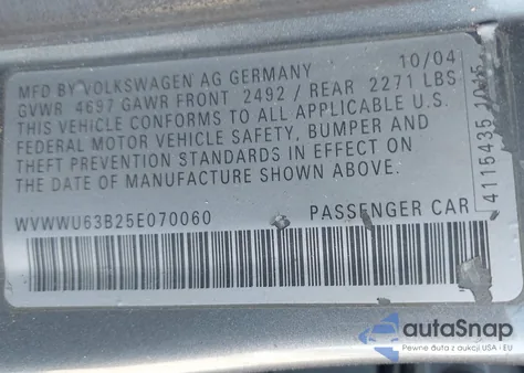 2005 Volkswagen Passat Glx из США, поврежденный, VIN WVWWU63B25E070060